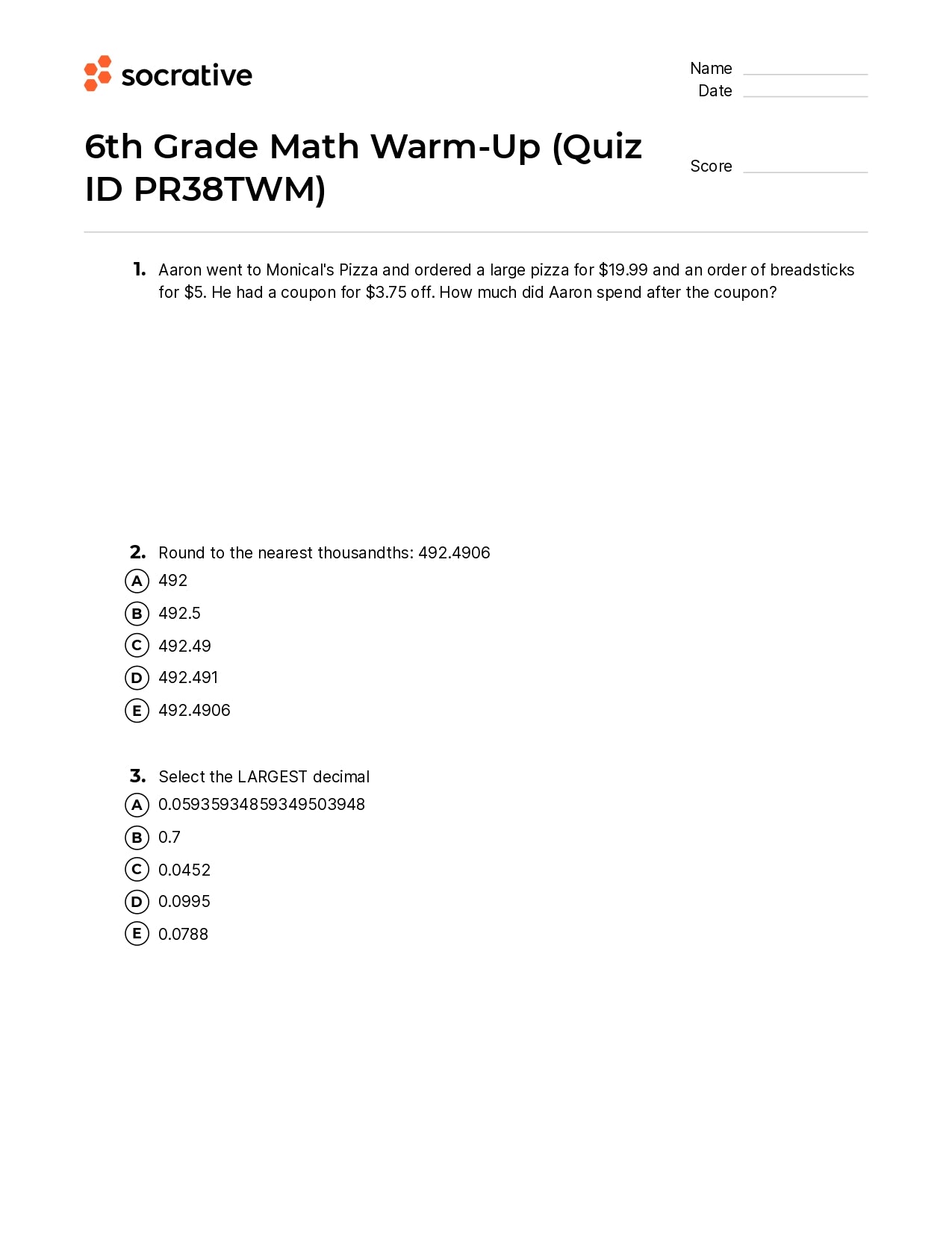 6Th Grade Math Warm-Up