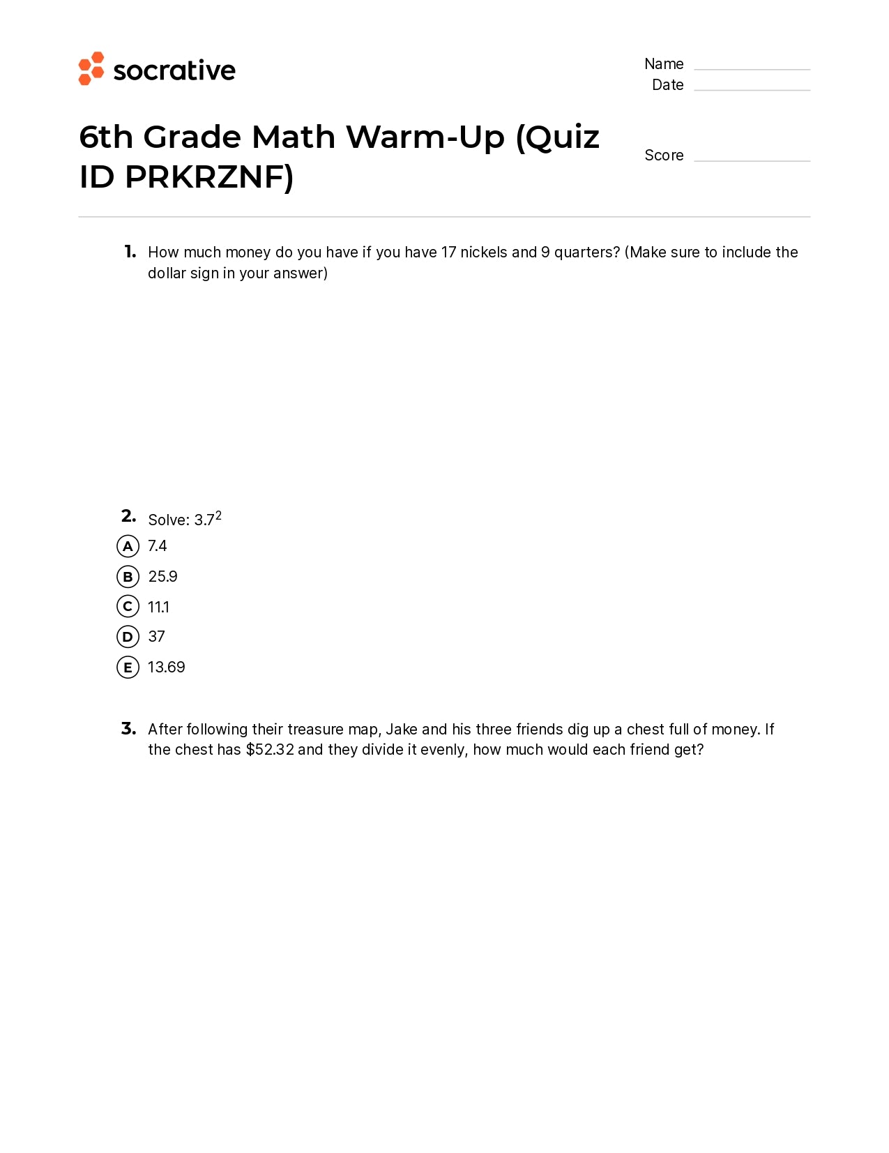 6Th Grade Math Warm-Up