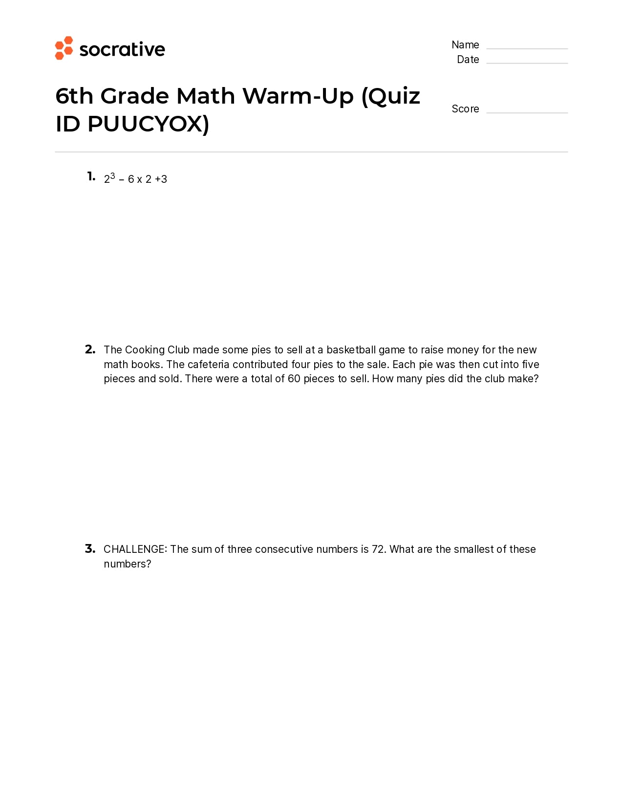 6Th Grade Math Warm-Up