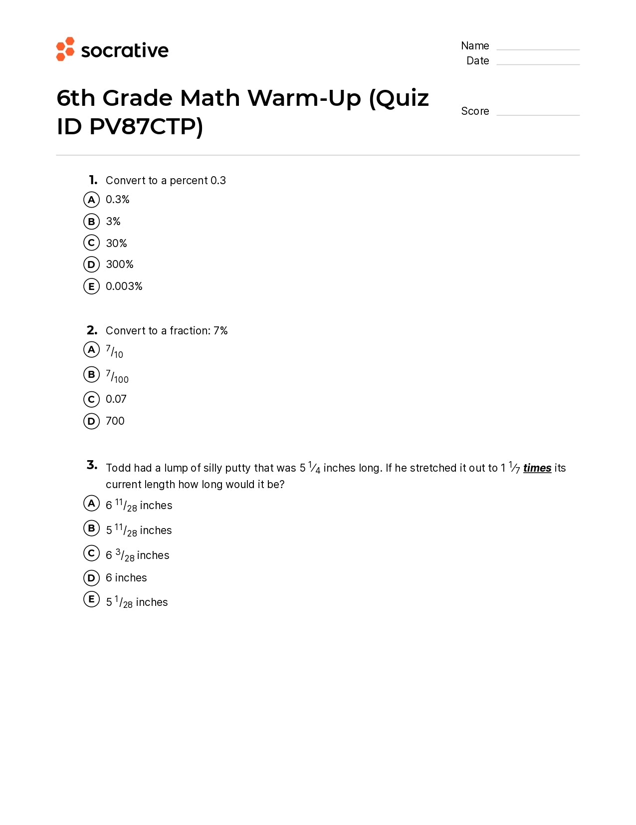 6Th Grade Math Warm-Up