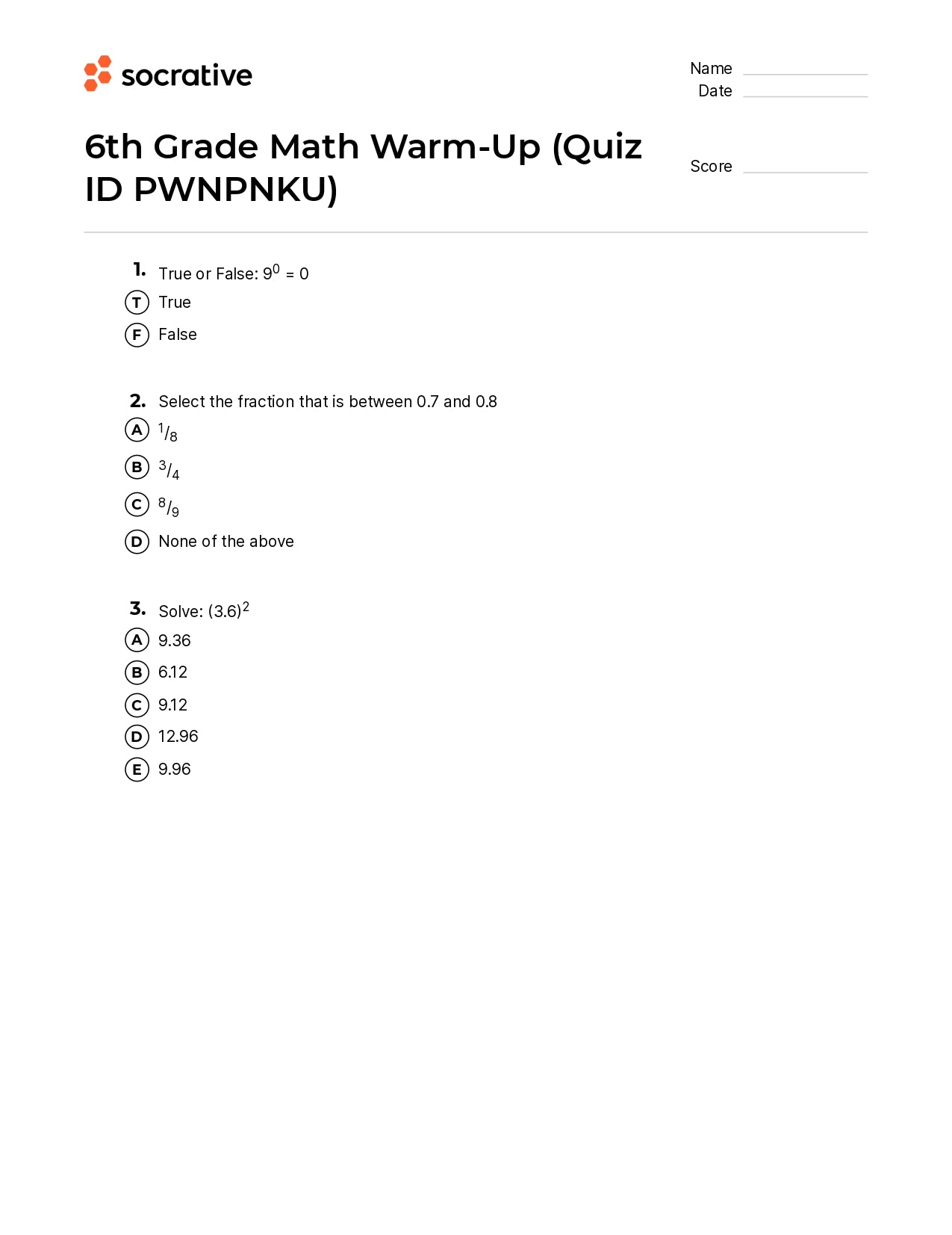 6Th Grade Math Warm-Up