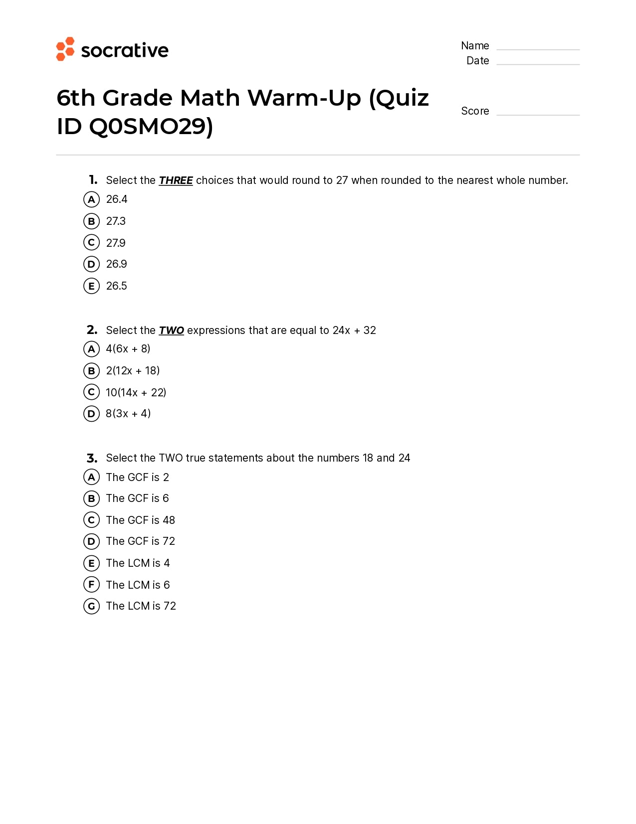 6Th Grade Math Warm-Up