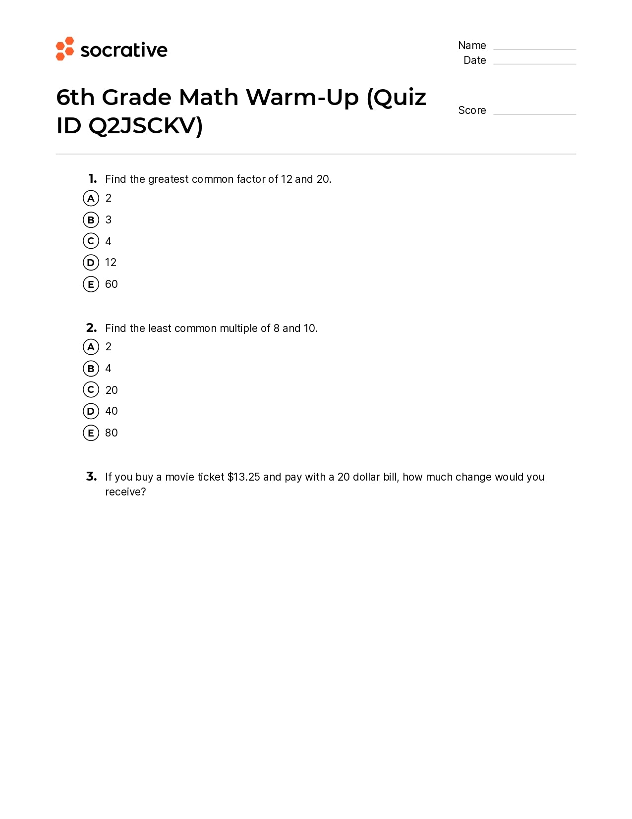 6Th Grade Math Warm-Up