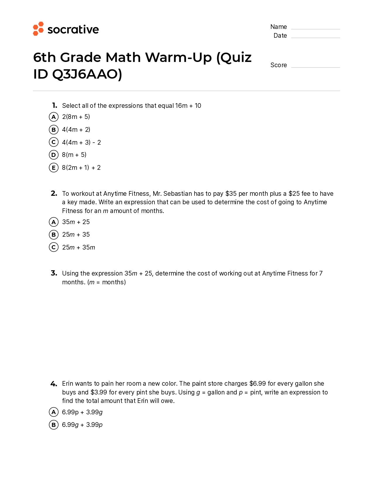 6Th Grade Math Warm-Up