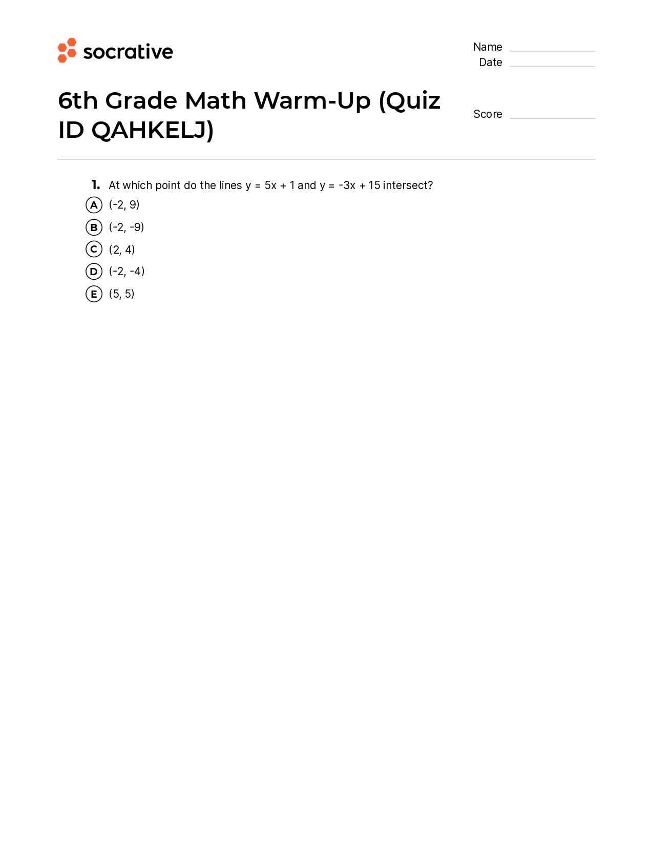 6Th Grade Math Warm-Up