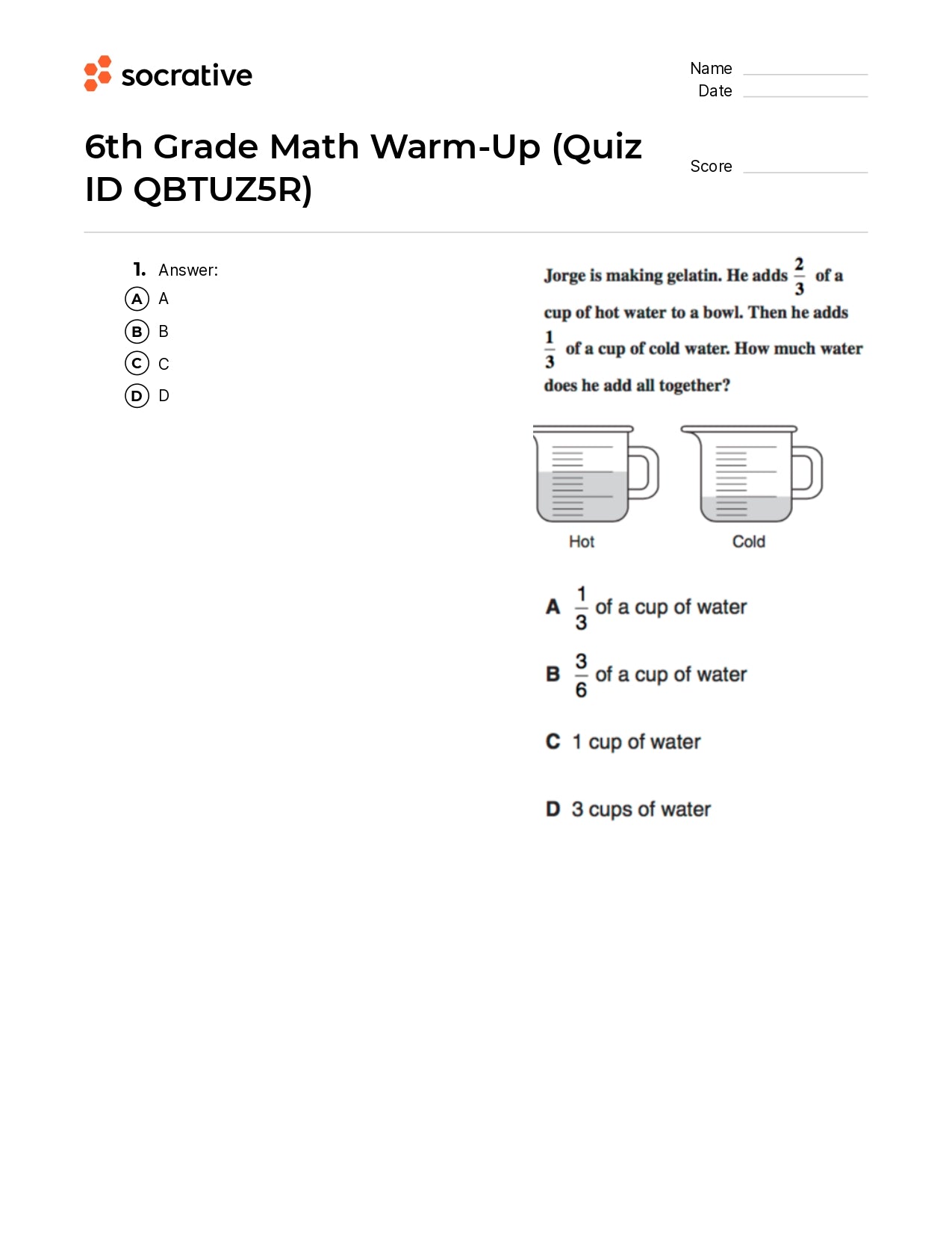 6Th Grade Math Warm-Up