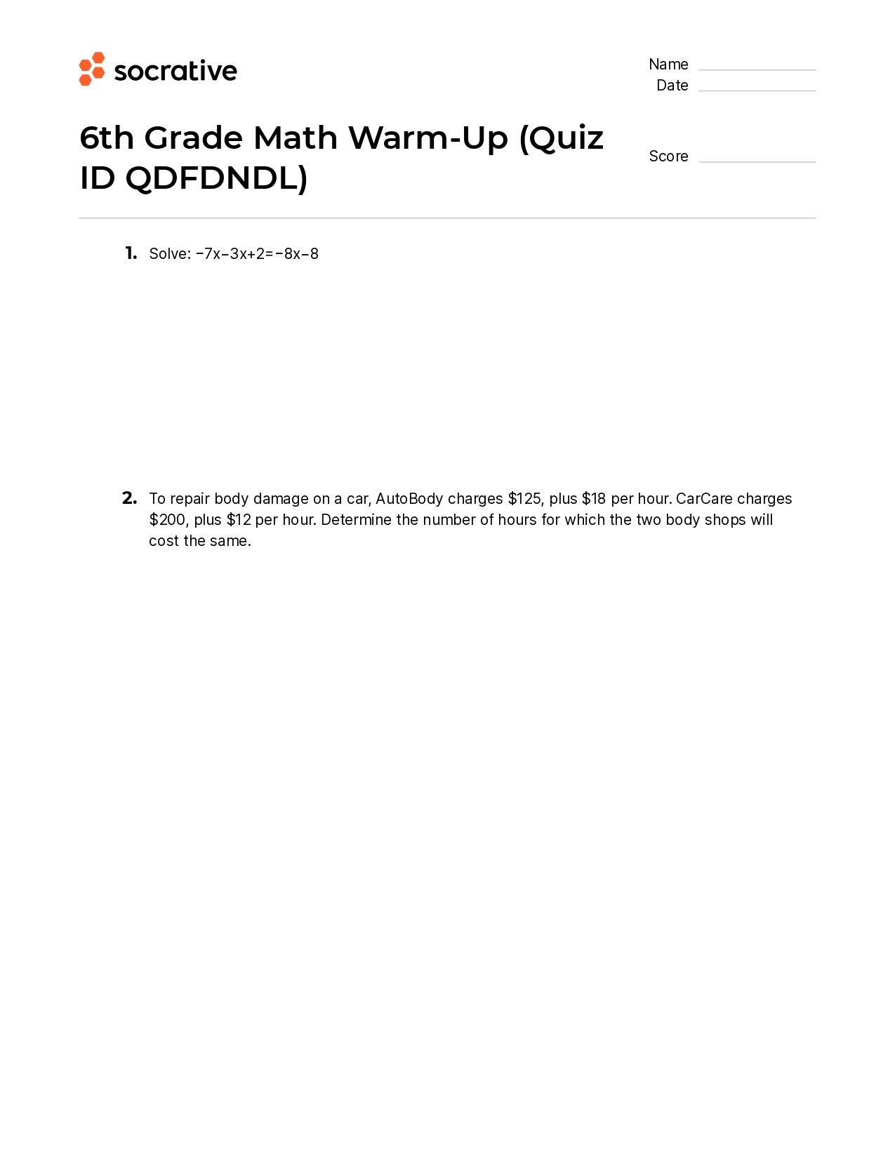 6Th Grade Math Warm-Up