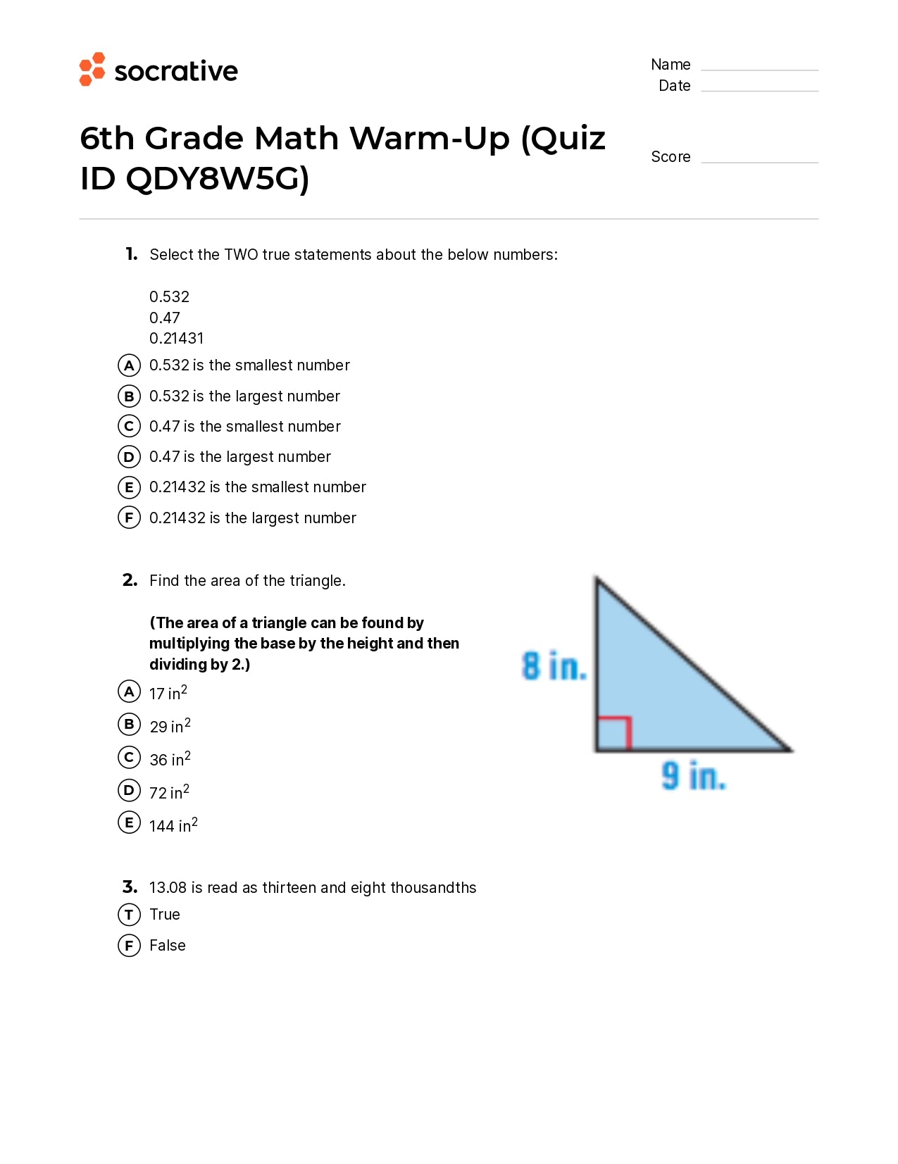 6Th Grade Math Warm-Up