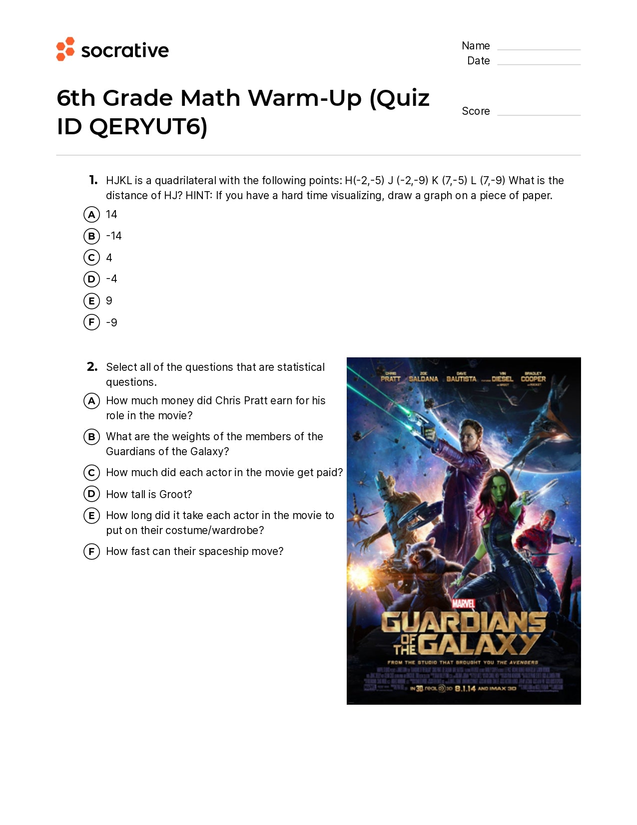 6Th Grade Math Warm-Up