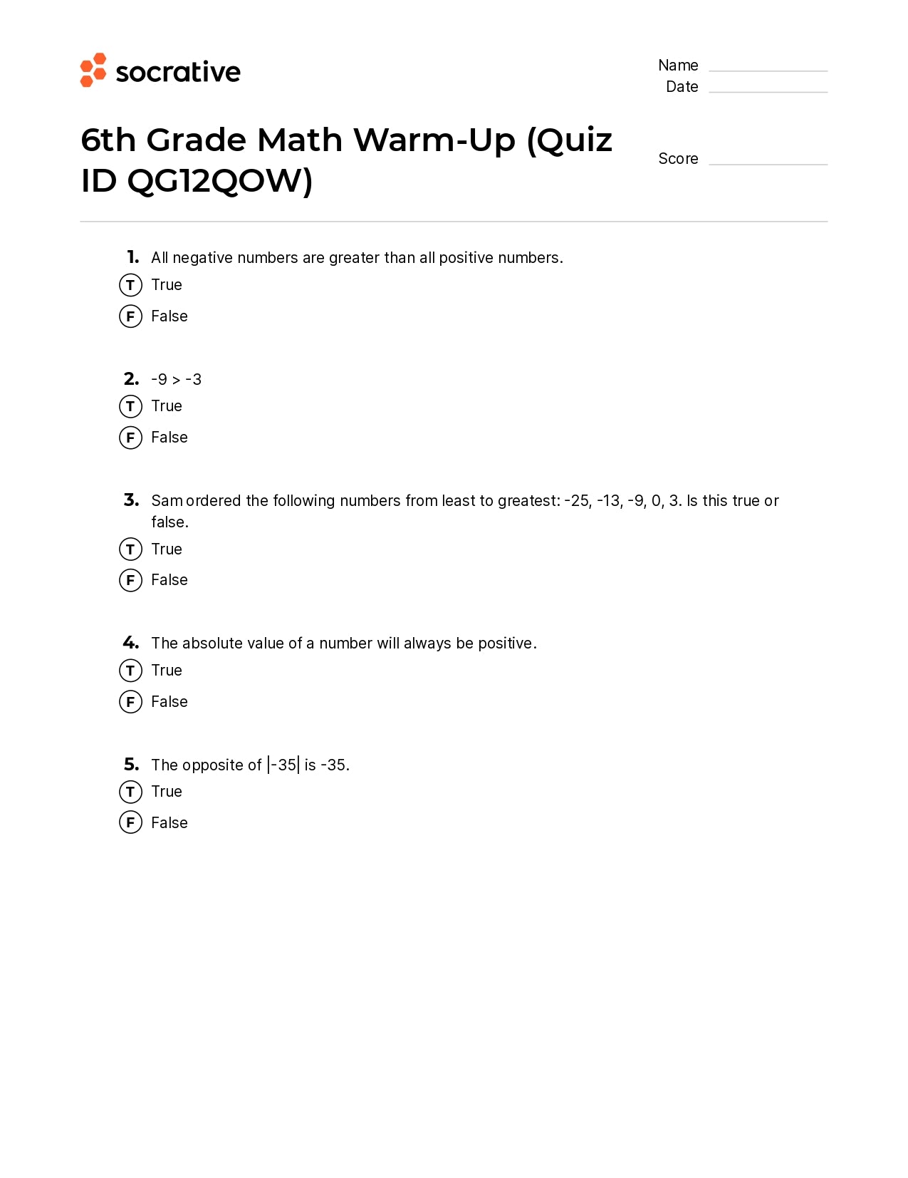 6Th Grade Math Warm-Up