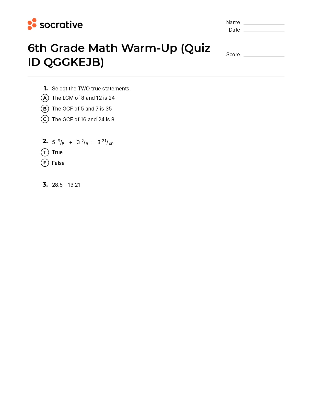 6Th Grade Math Warm-Up