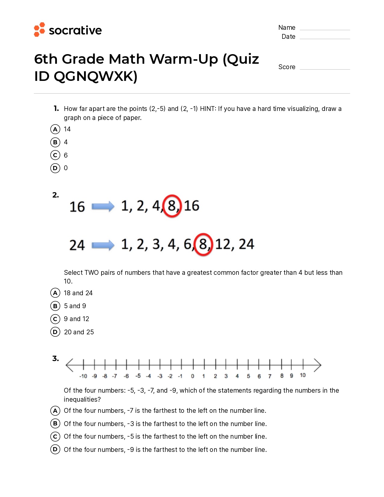 6Th Grade Math Warm-Up