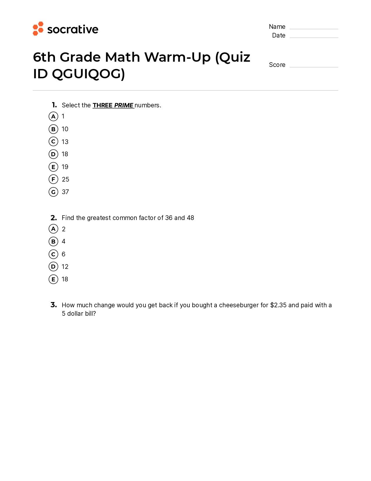 6Th Grade Math Warm-Up