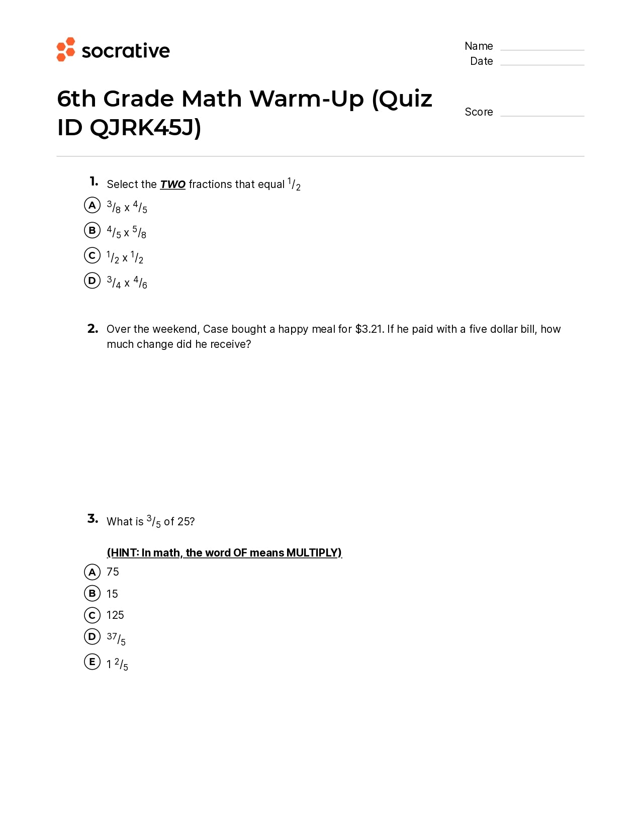 6Th Grade Math Warm-Up