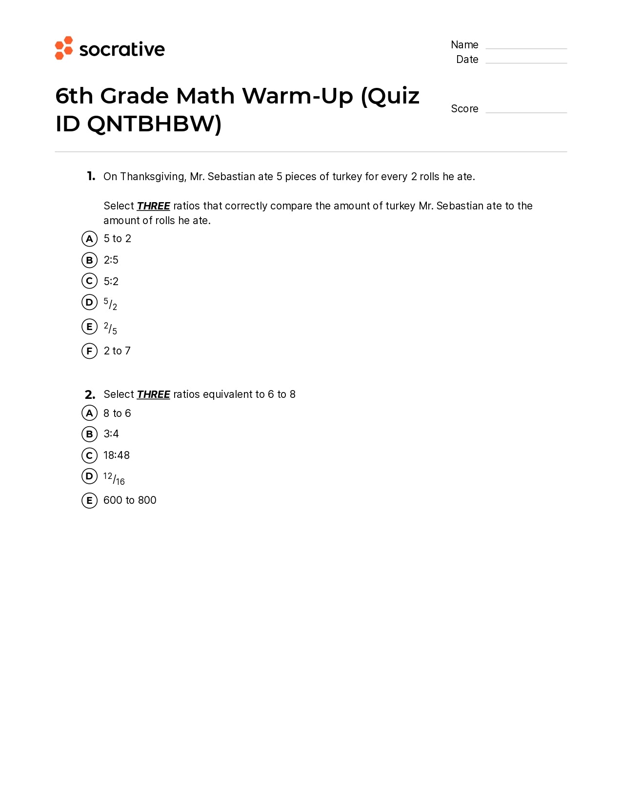 6Th Grade Math Warm-Up