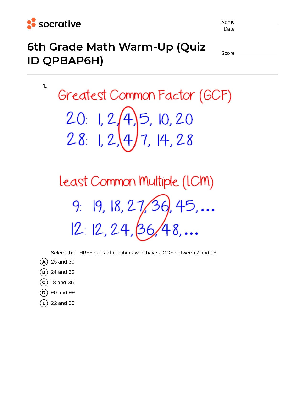 6Th Grade Math Warm-Up