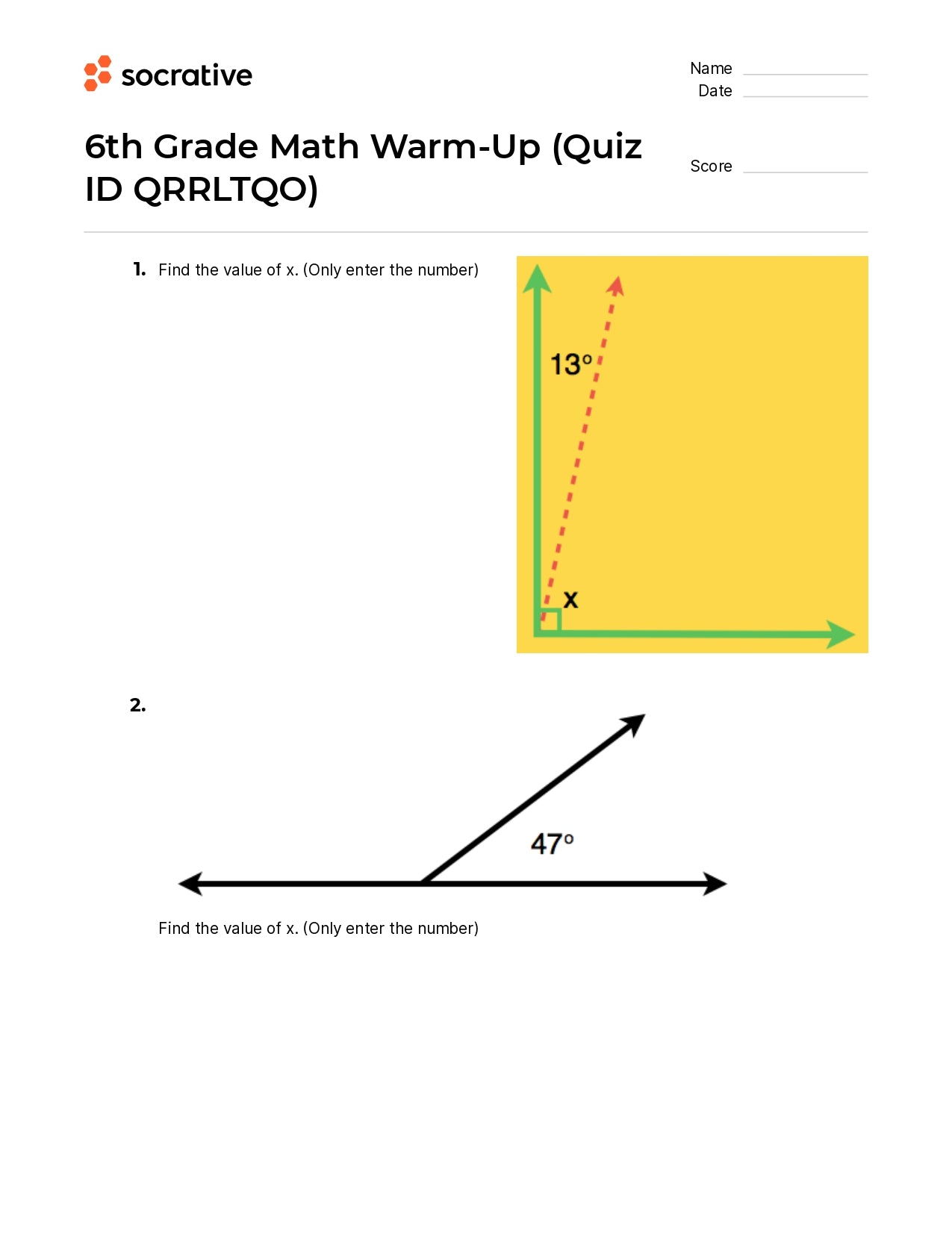 6Th Grade Math Warm-Up