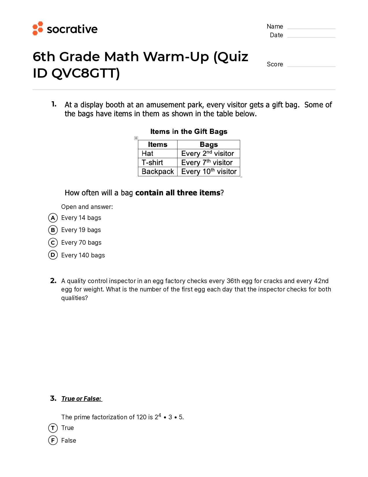 6Th Grade Math Warm-Up