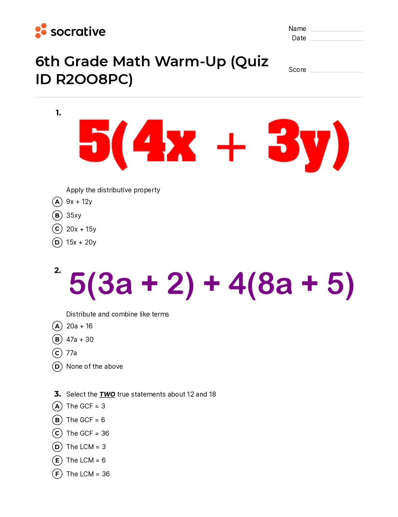 6Th Grade Math Warm-Up