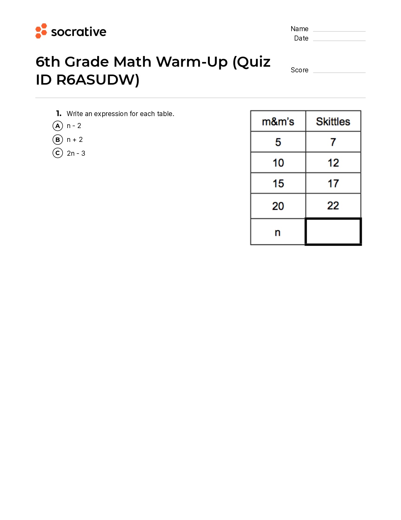 6Th Grade Math Warm-Up