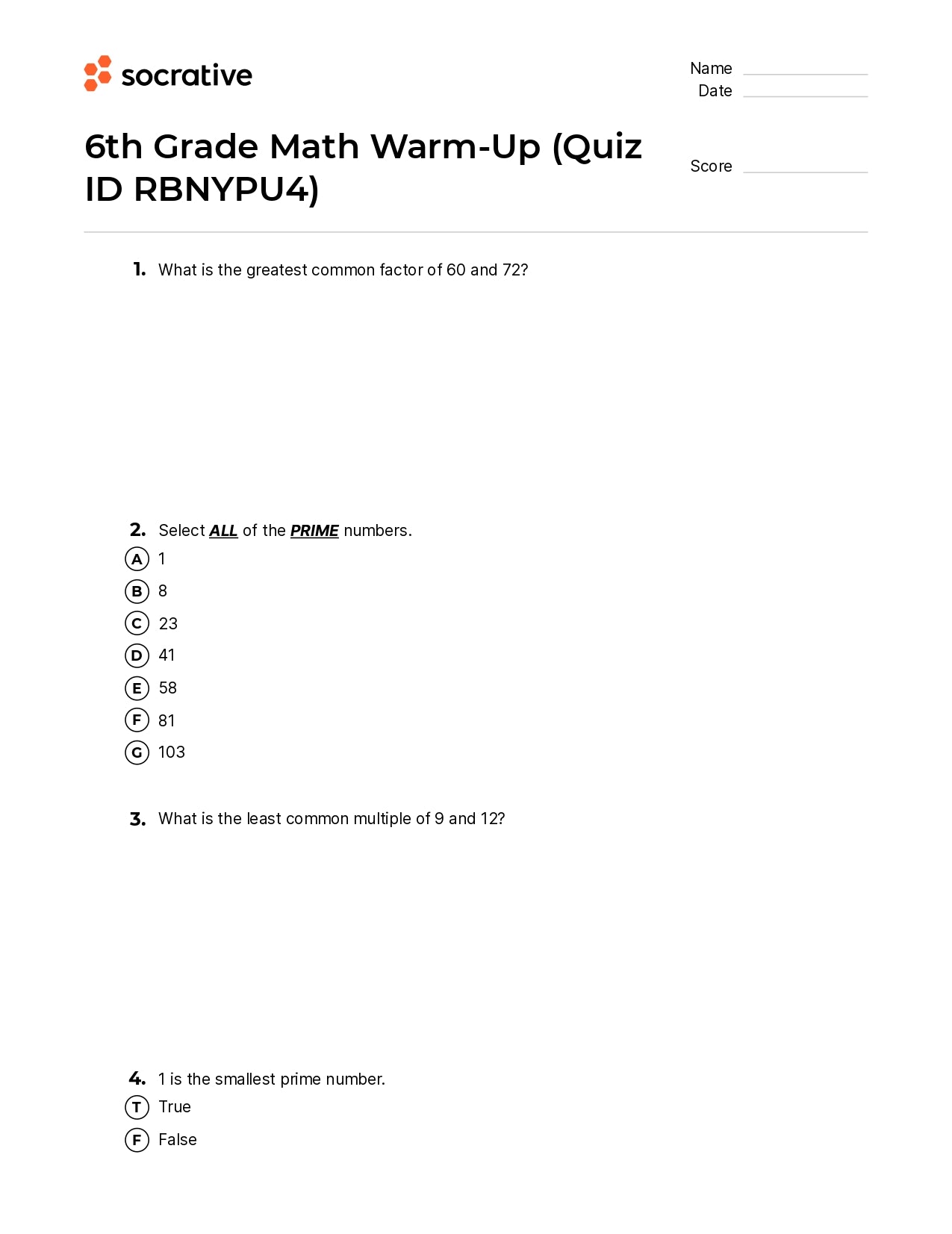 6Th Grade Math Warm-Up