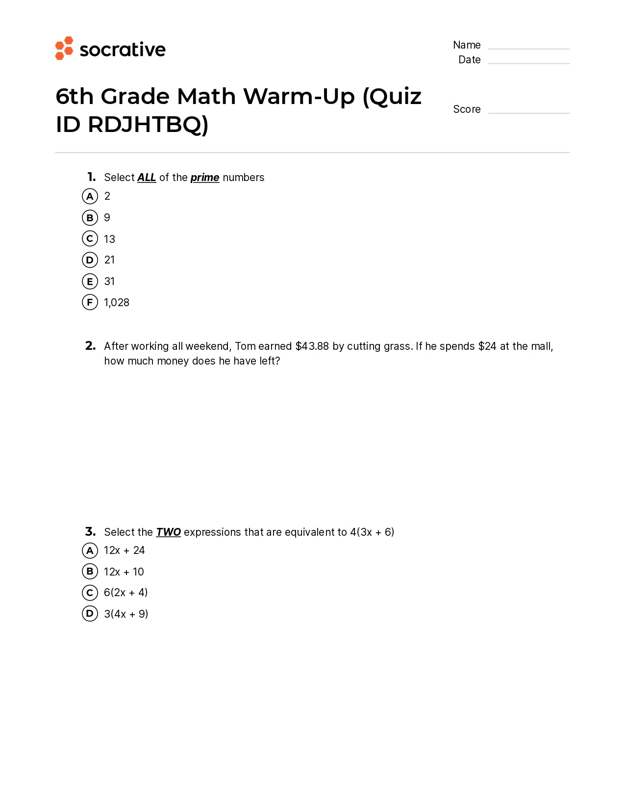 6Th Grade Math Warm-Up