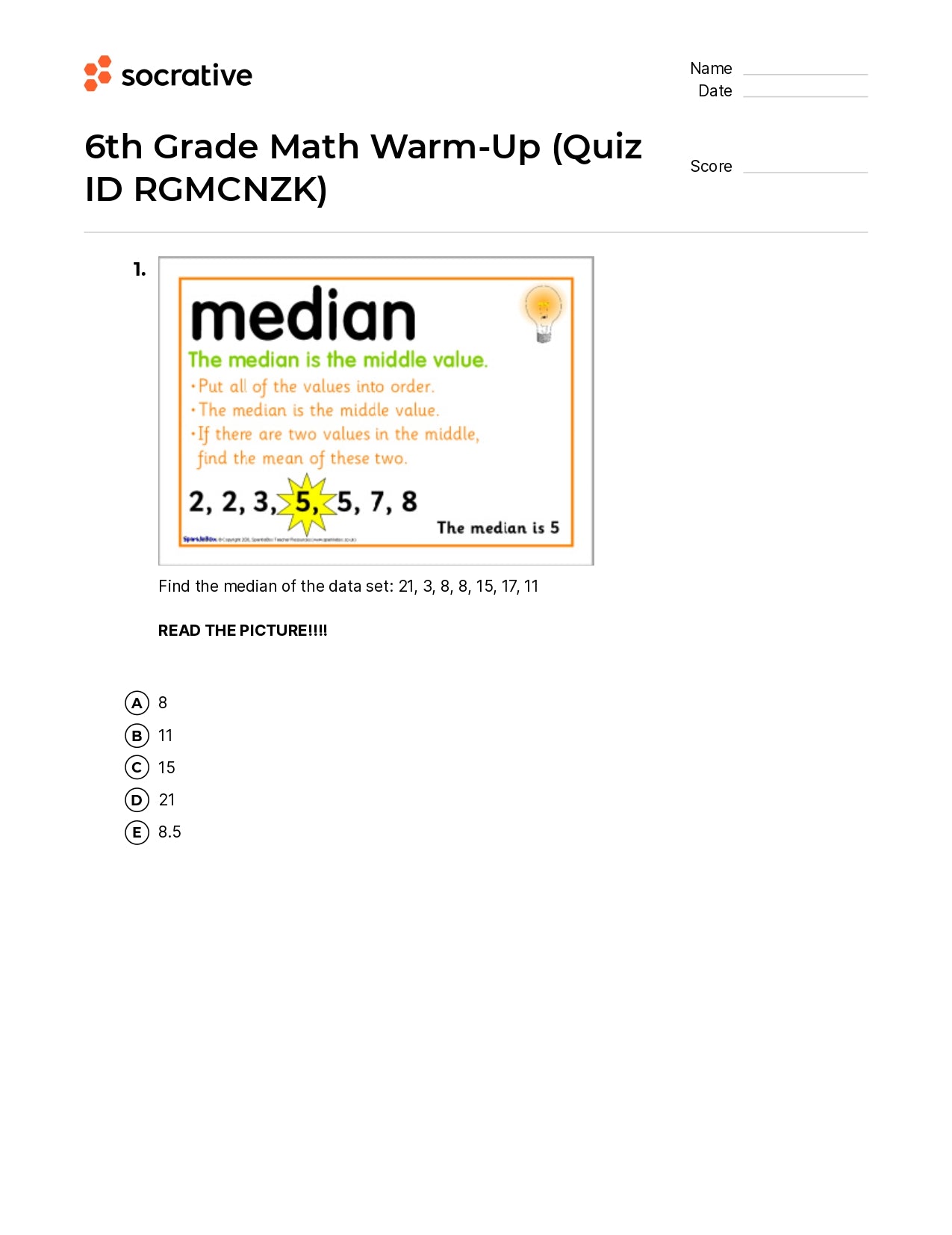 6Th Grade Math Warm-Up