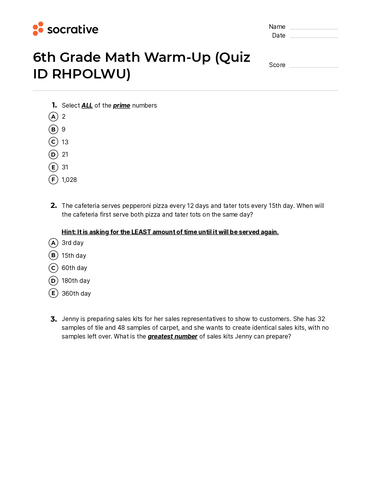 6Th Grade Math Warm-Up