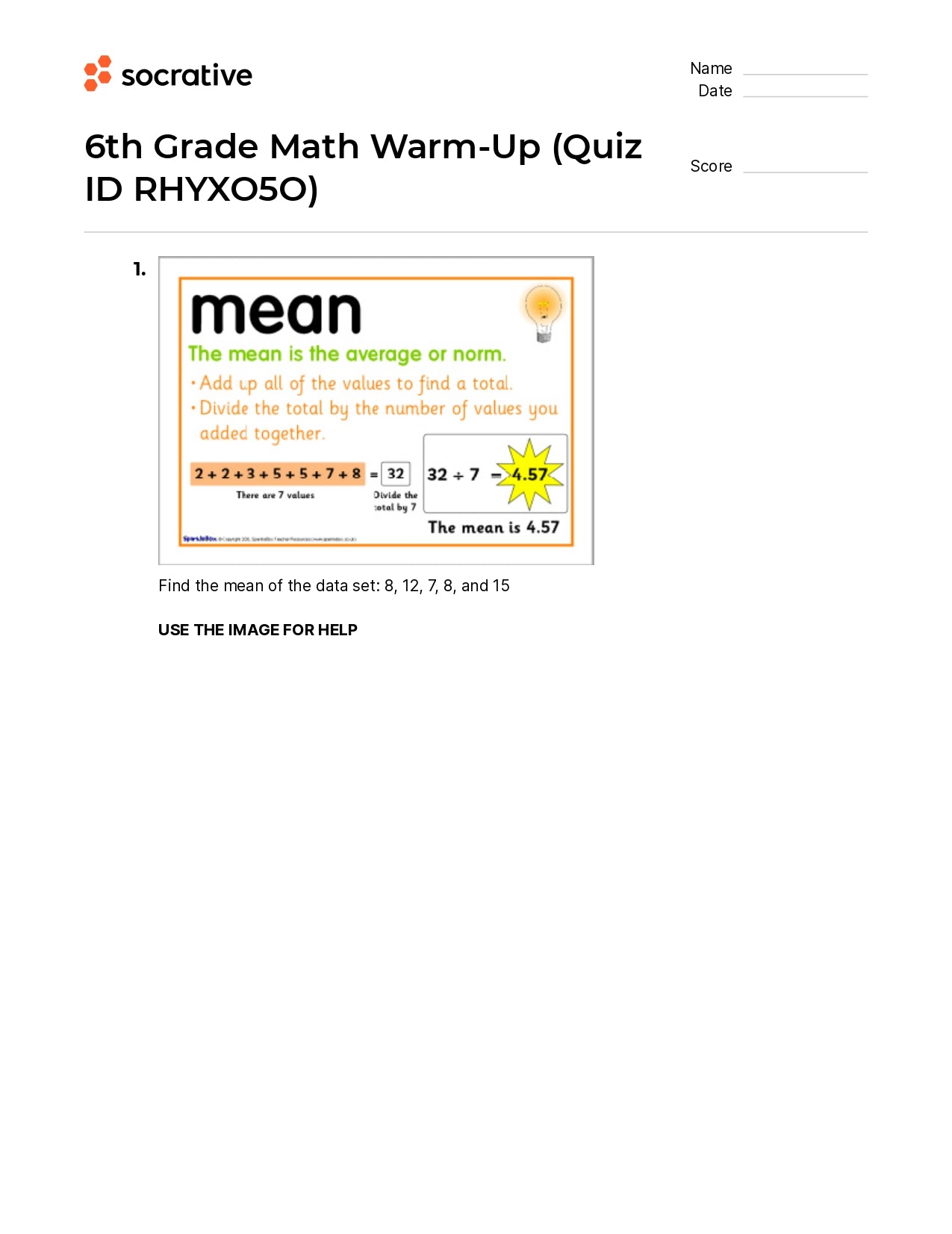 6Th Grade Math Warm-Up