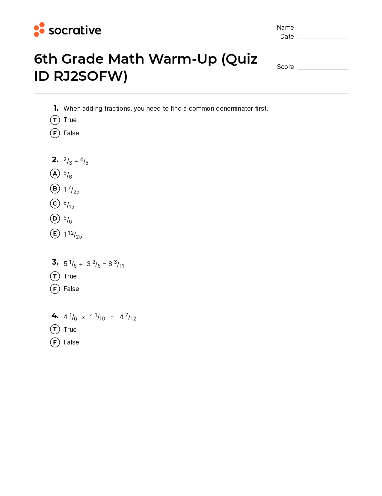 6Th Grade Math Warm-Up