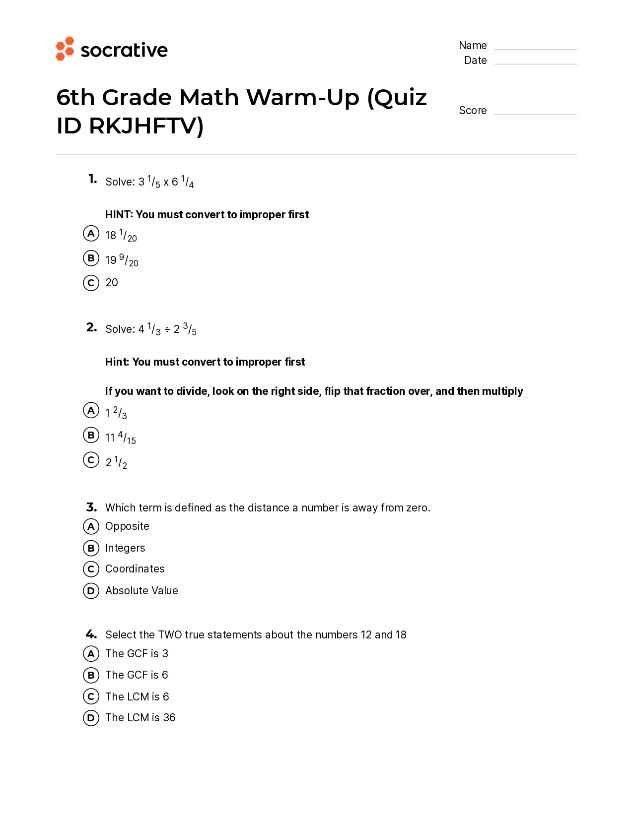 6Th Grade Math Warm-Up