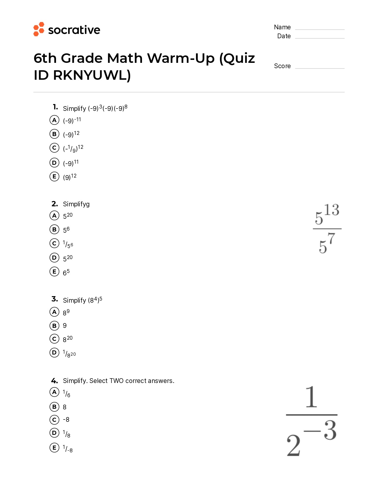 6Th Grade Math Warm-Up