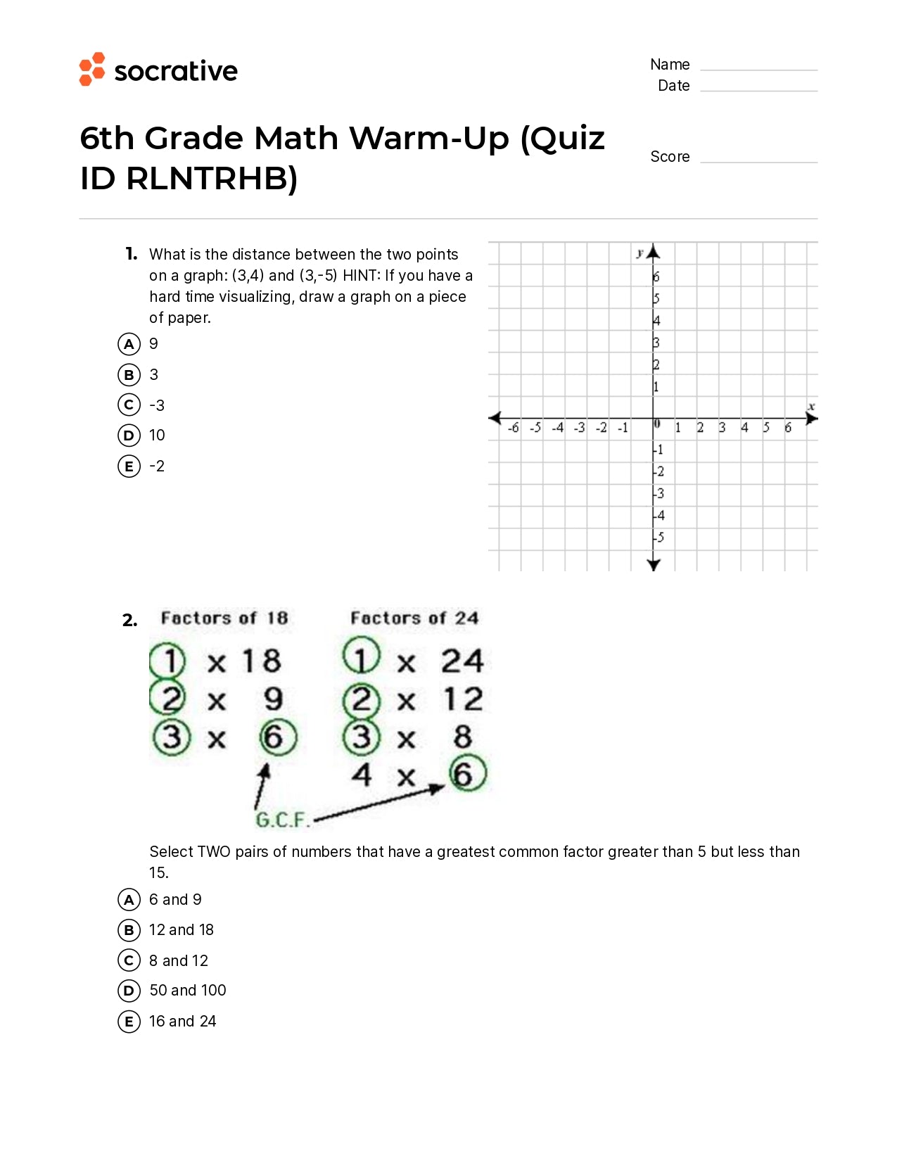 6Th Grade Math Warm-Up