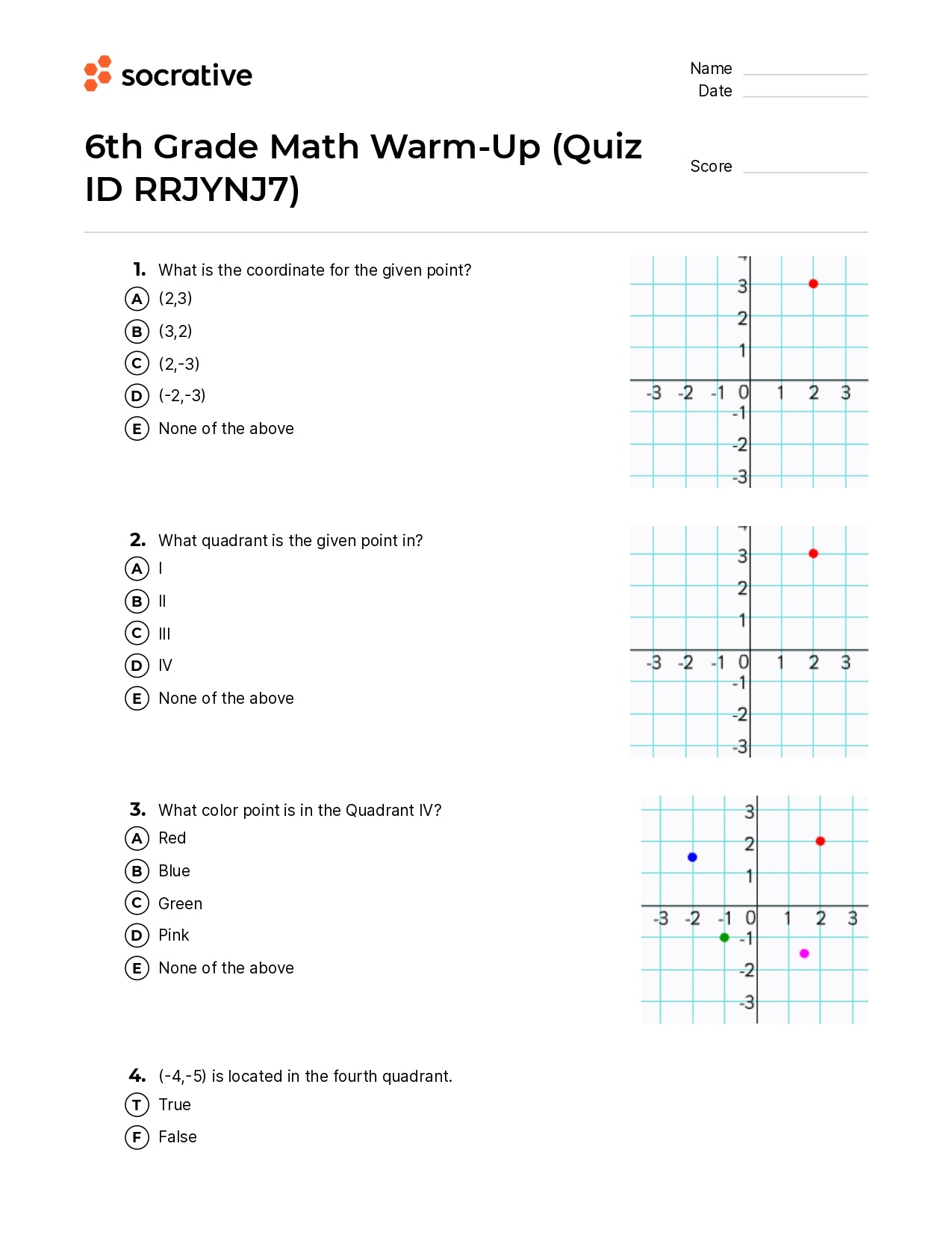 6Th Grade Math Warm-Up