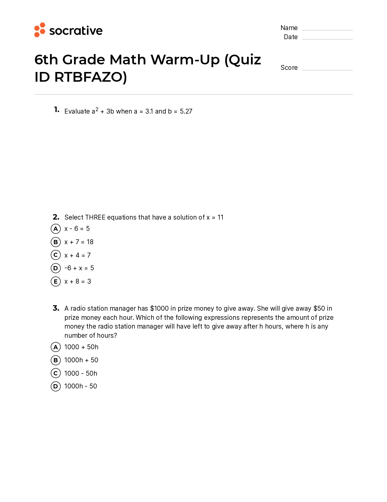 6Th Grade Math Warm-Up