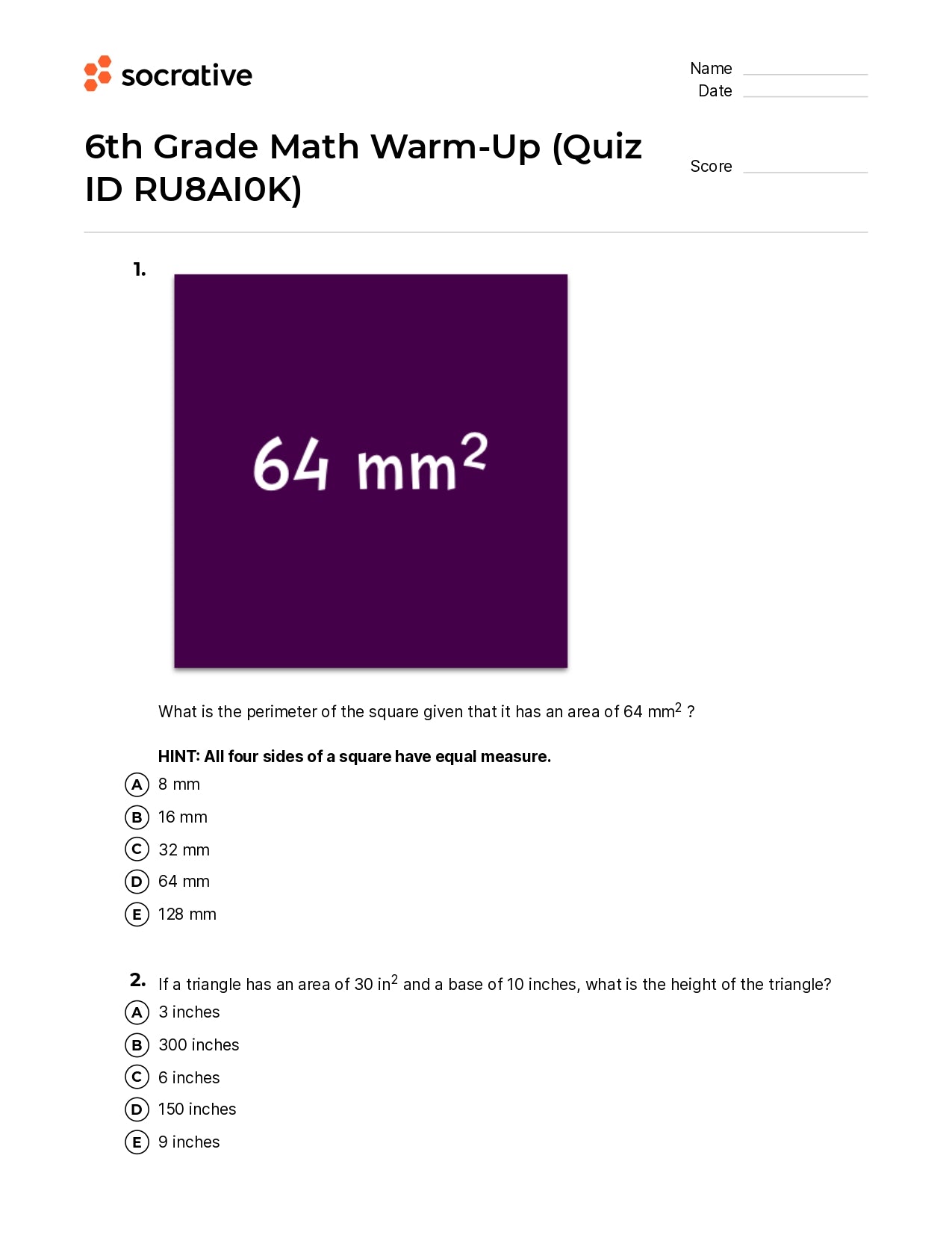 6Th Grade Math Warm-Up