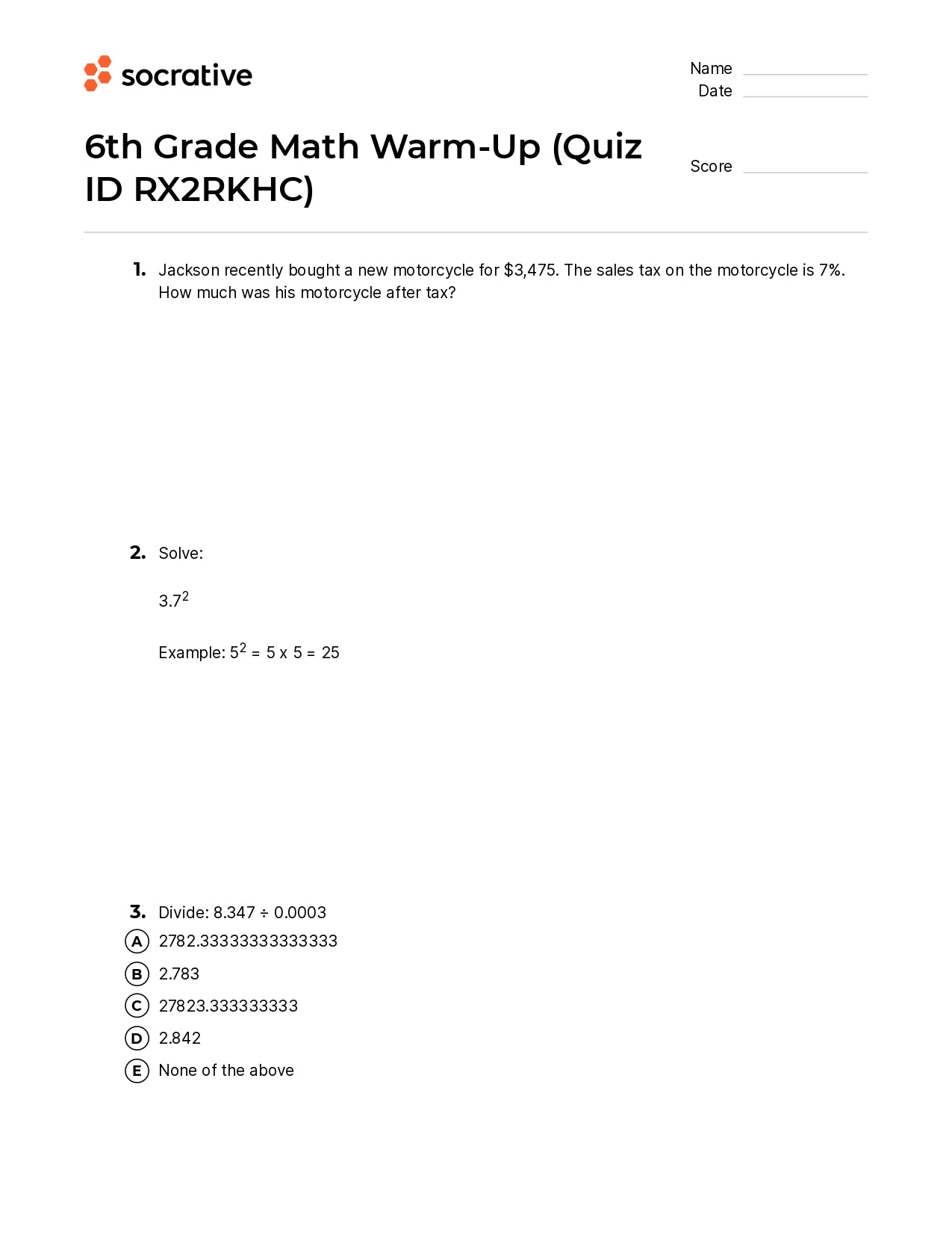 6Th Grade Math Warm-Up