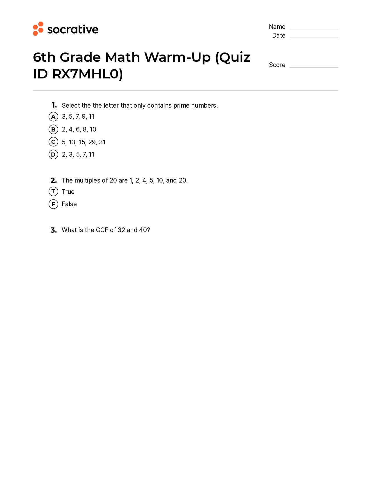 6Th Grade Math Warm-Up