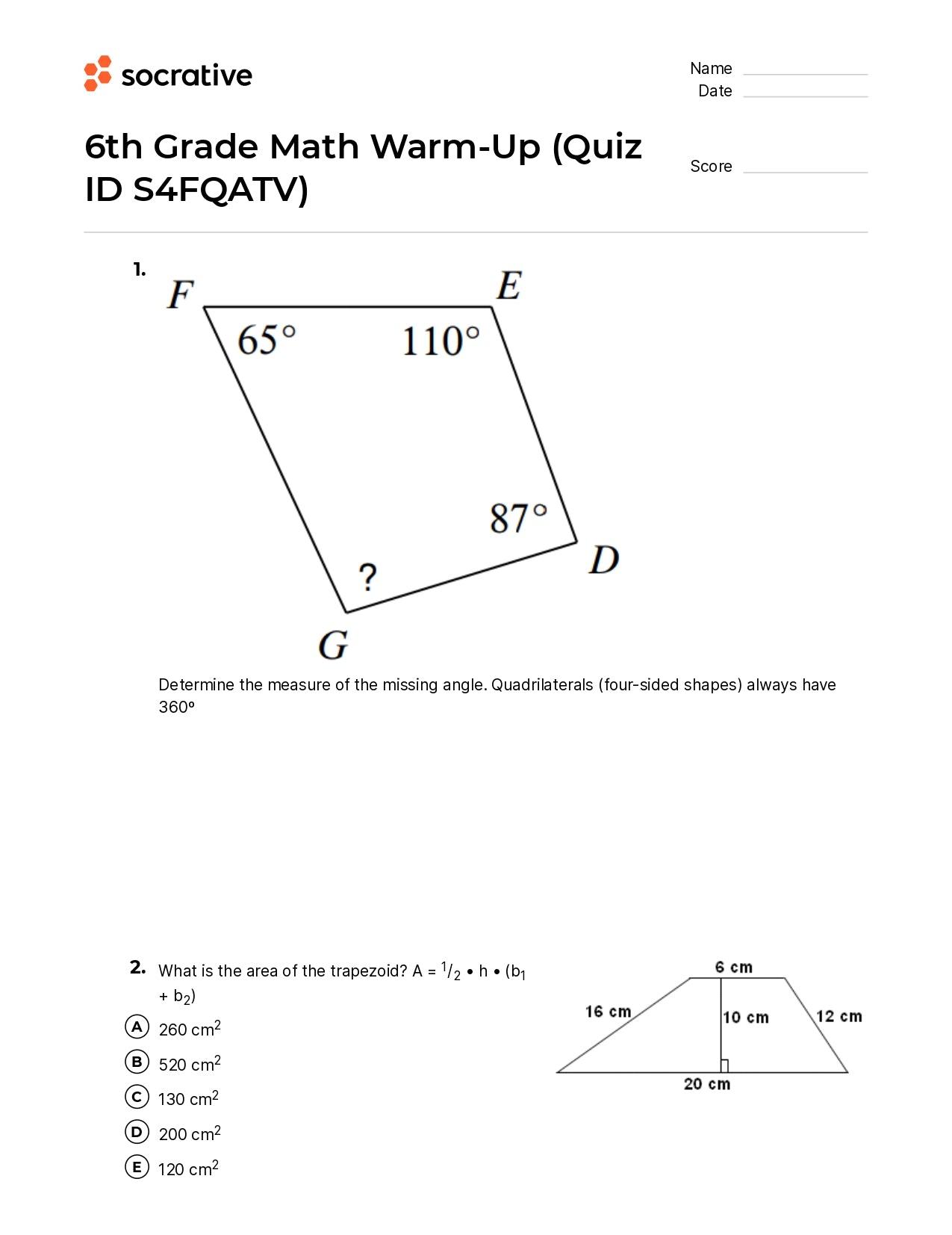 6Th Grade Math Warm-Up