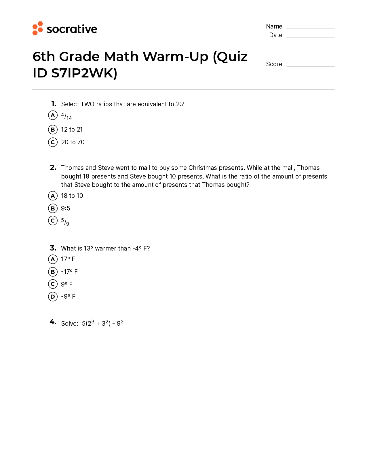 6Th Grade Math Warm-Up