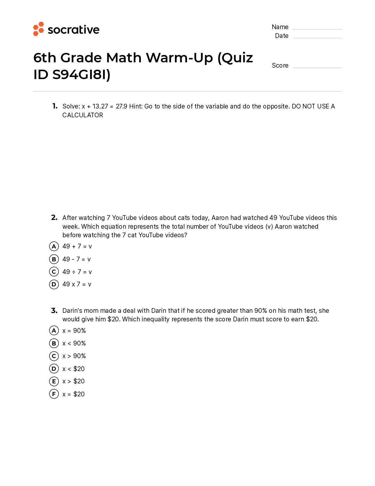 6Th Grade Math Warm-Up