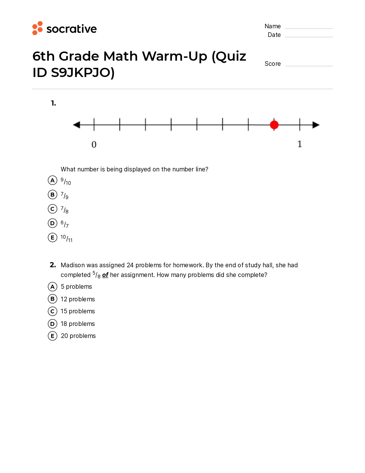 6Th Grade Math Warm-Up