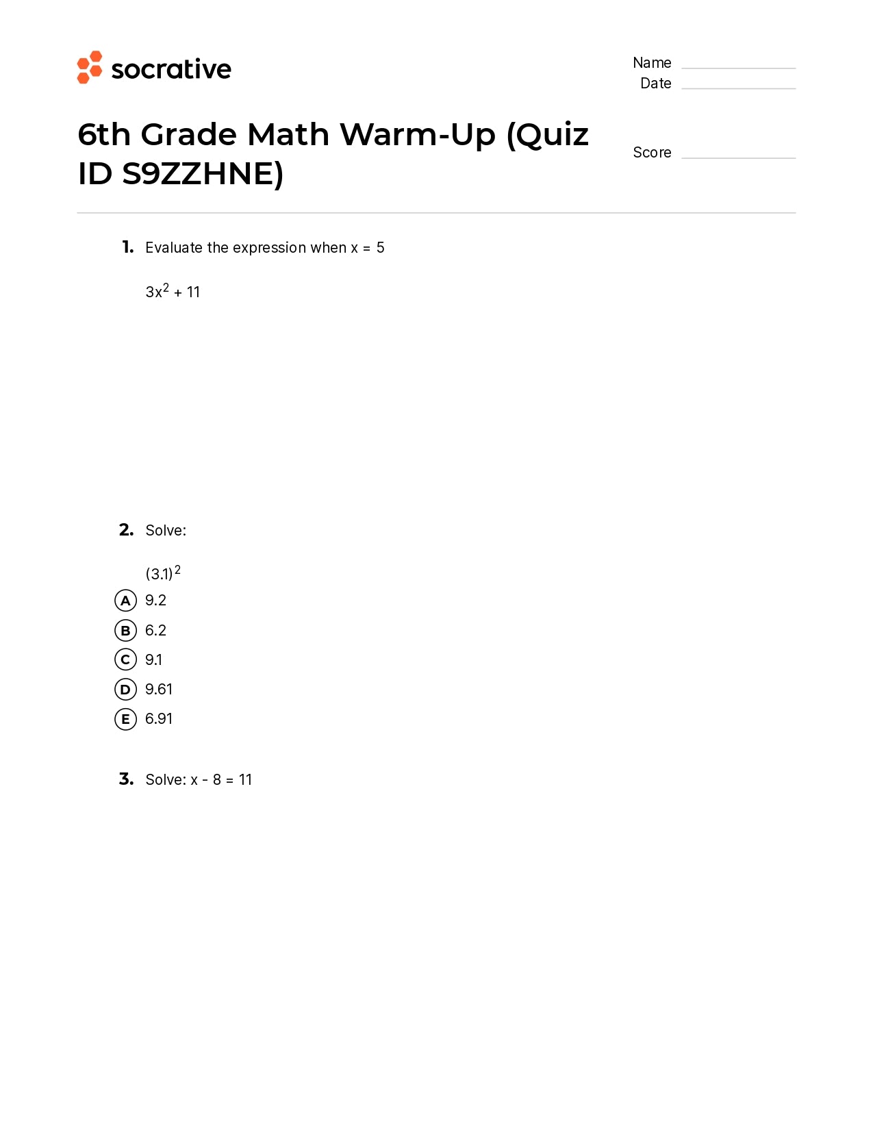6Th Grade Math Warm-Up