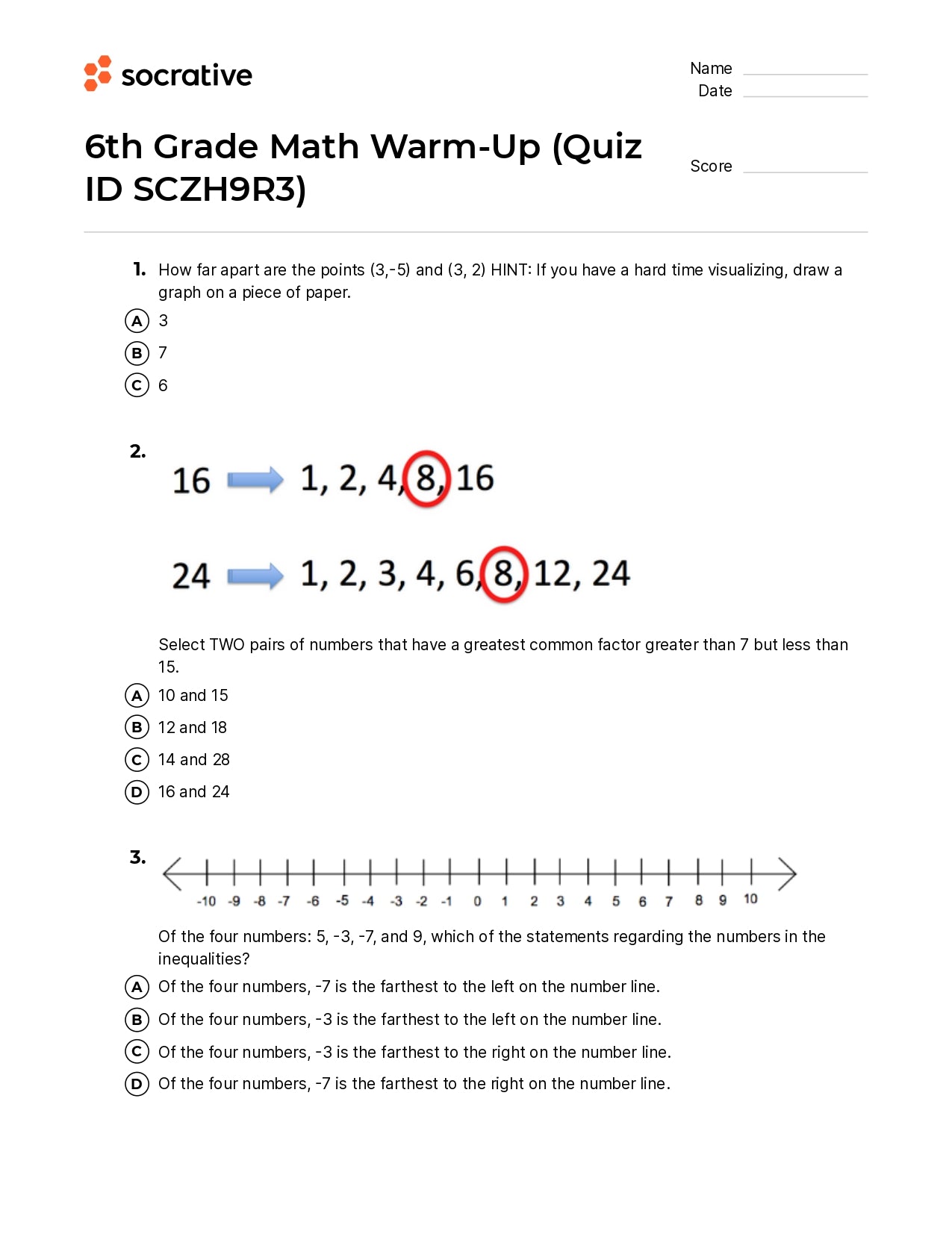 6Th Grade Math Warm-Up