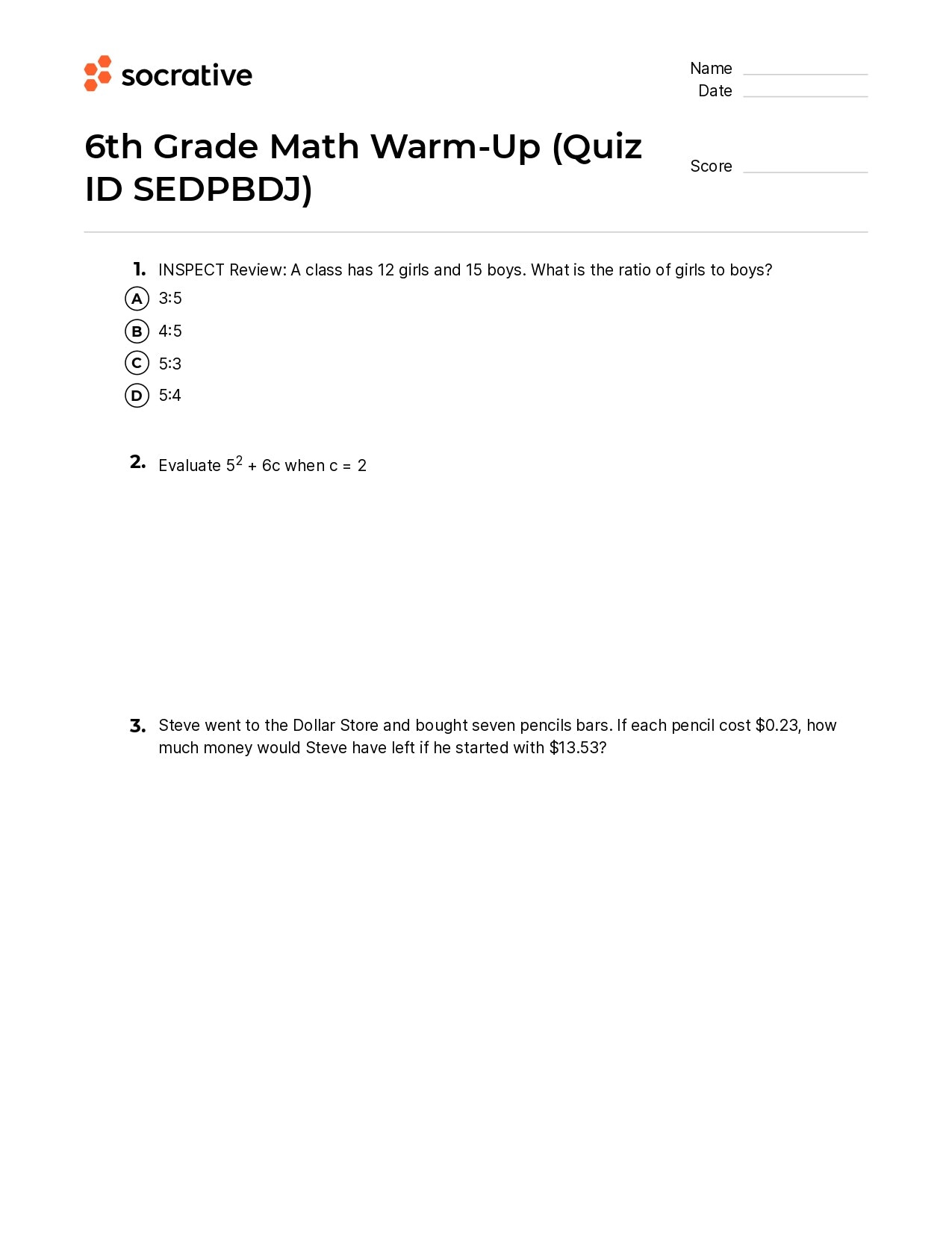 6Th Grade Math Warm-Up