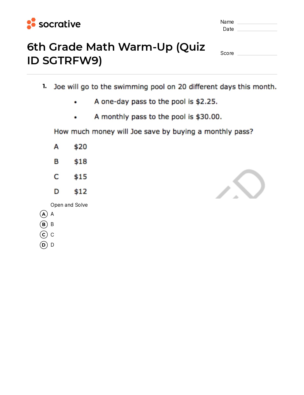 6Th Grade Math Warm-Up