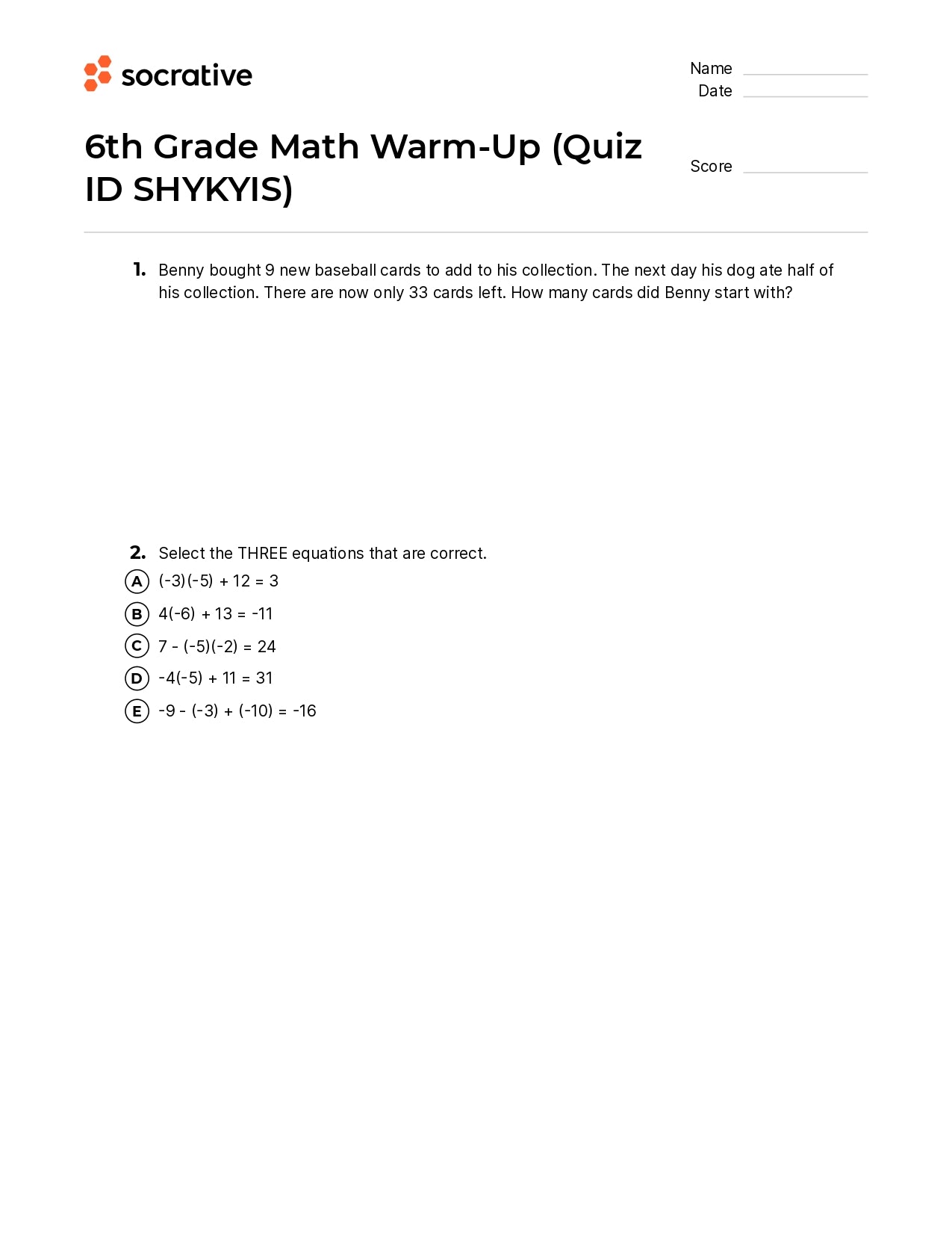 6Th Grade Math Warm-Up