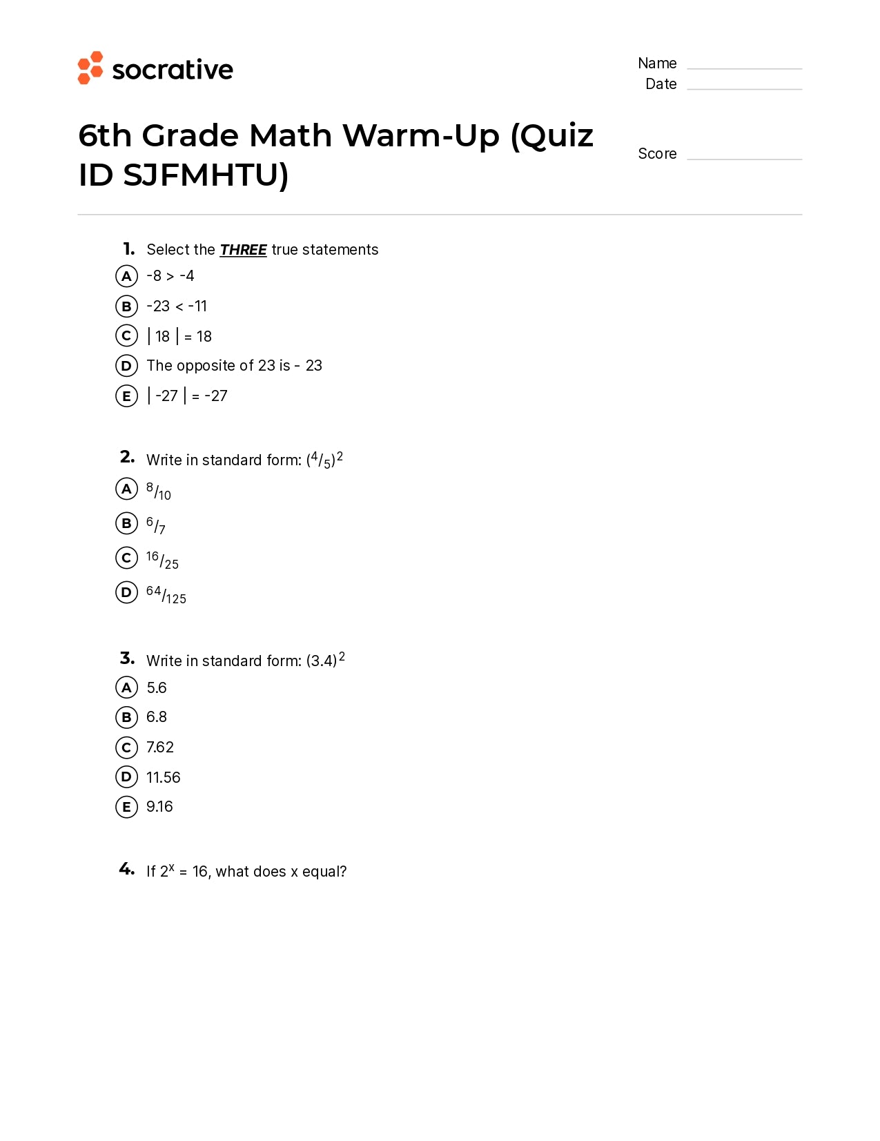 6Th Grade Math Warm-Up