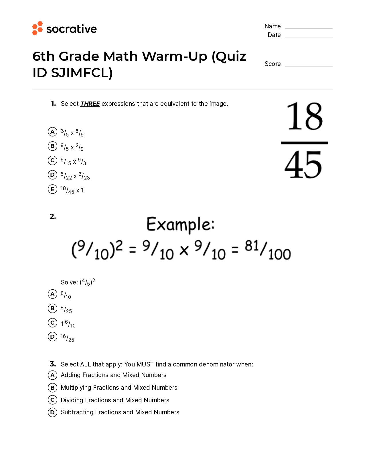 6Th Grade Math Warm-Up