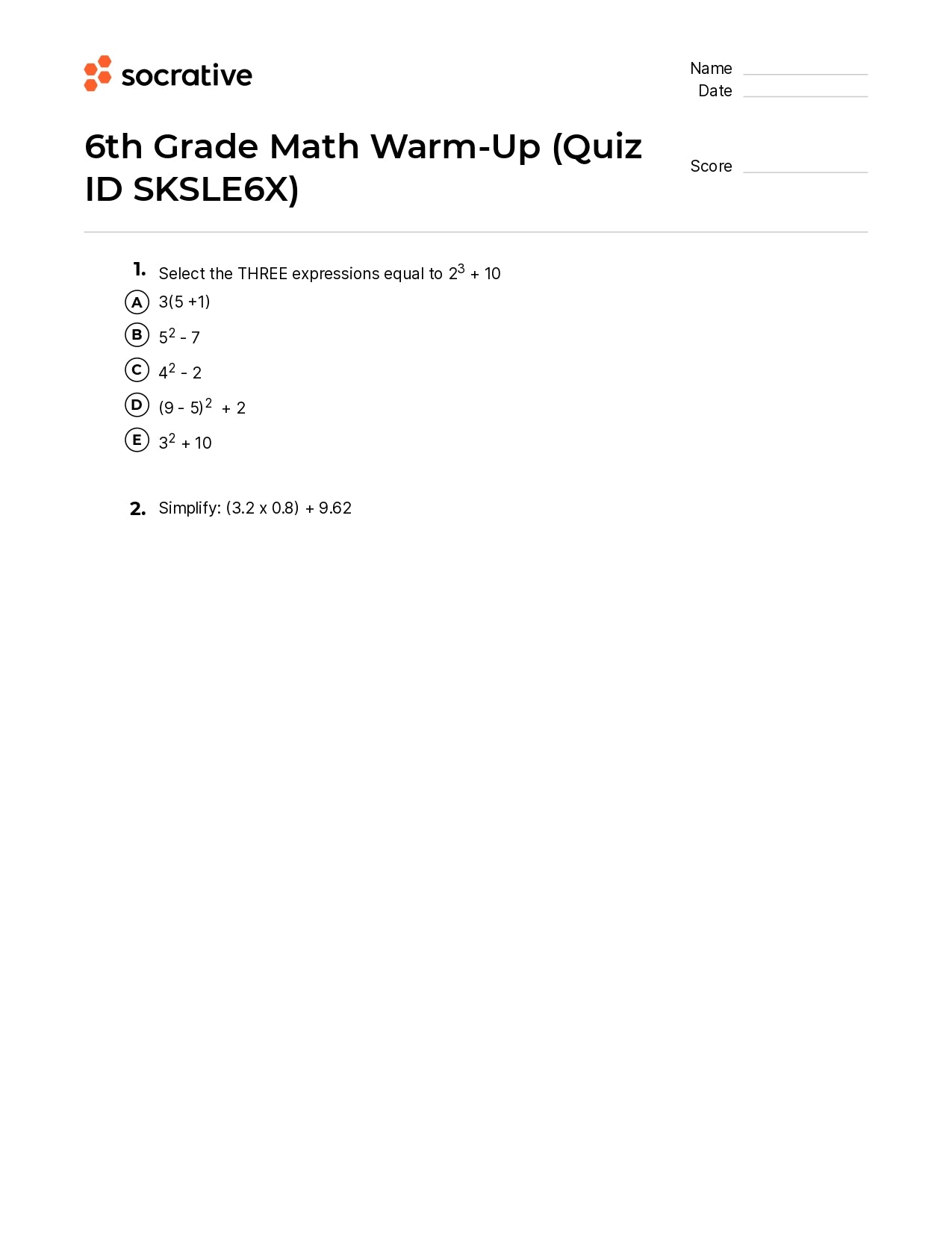 6Th Grade Math Warm-Up